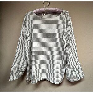 Opus Womens White Black Striped Ruffle Sleeve Crinkle Blouse Top Size 38 Stretch